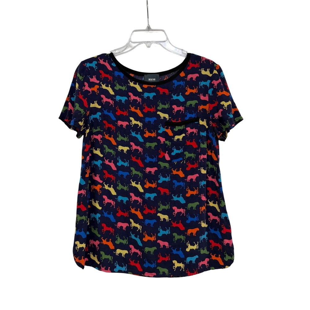 Maeve Anthropologie Womens Size 4 Animal Print Short Sleeve Blouse Navy Multi